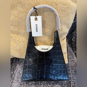 STAUD Rey Black Croc-Embossed Shoulder Bag NWT
